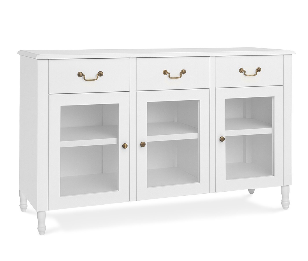 Estila Luxusný klasický príborník Berkshire s tromi presklenými dvierkami a tromi zásuvkami v bielej farbe so zlatými detailmi 140 cm