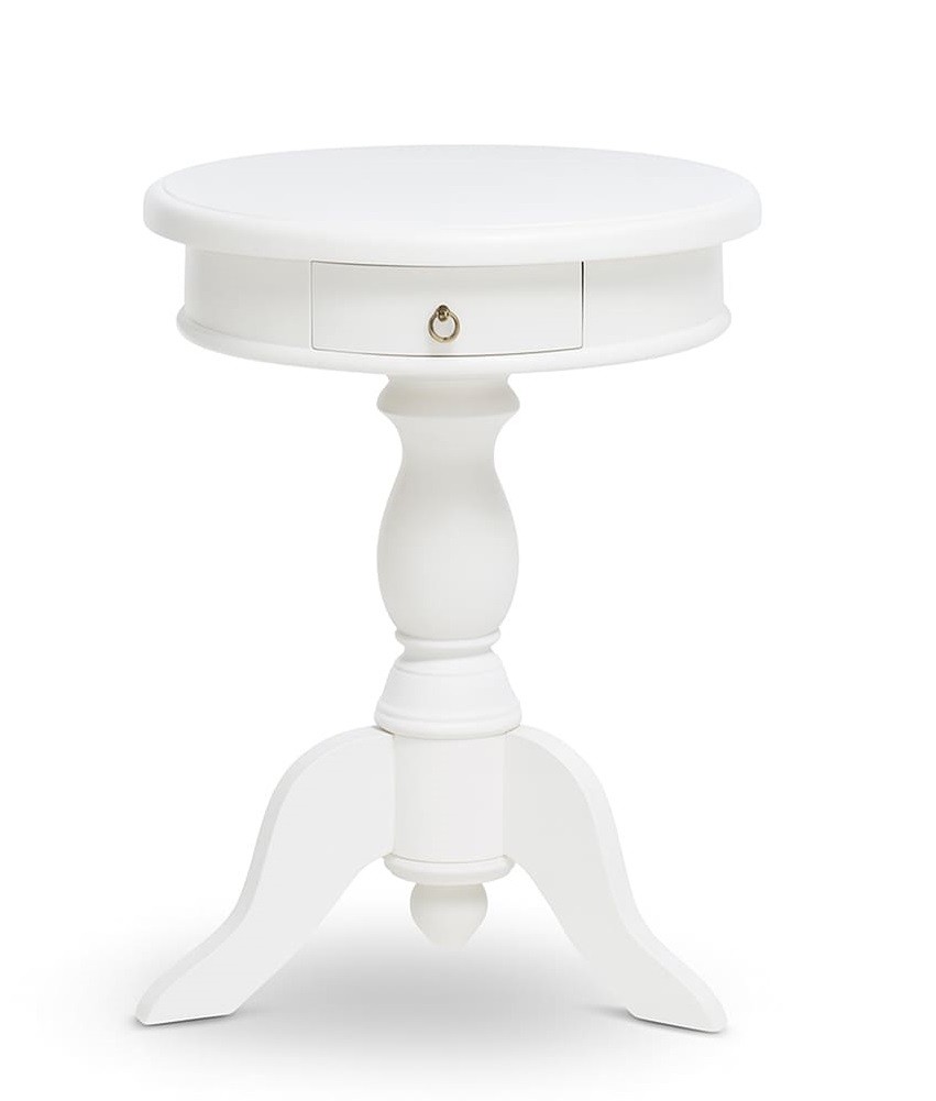 Estila Luxusný provensálsky okrúhly príručný stolík Mahani so zásuvkou a vyrezávanou nohou z mahagónového dreva v bielej farbe 65 cm