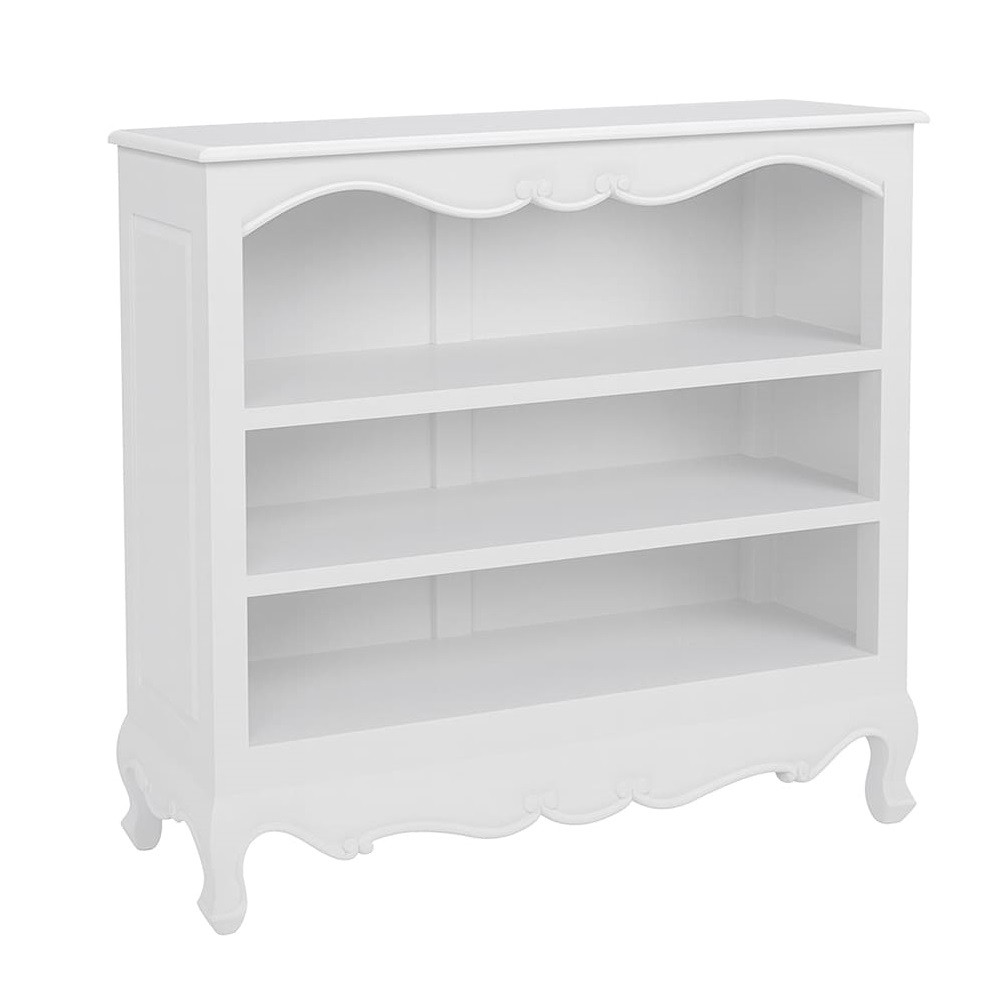 Estila Luxusná provensálska nízka knižnica Mahani s tromi policami a vyrezávaným zdobením v bielej farbe 110 cm