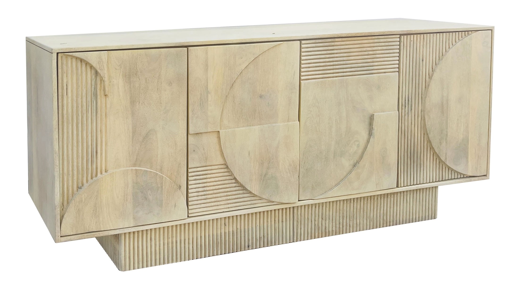 Estila Moderný art deco svetlý hnedý príborník Sonia z bieleného mangového dreva so štyrmi dvierkami s geometrickým reliéfom 170 cm