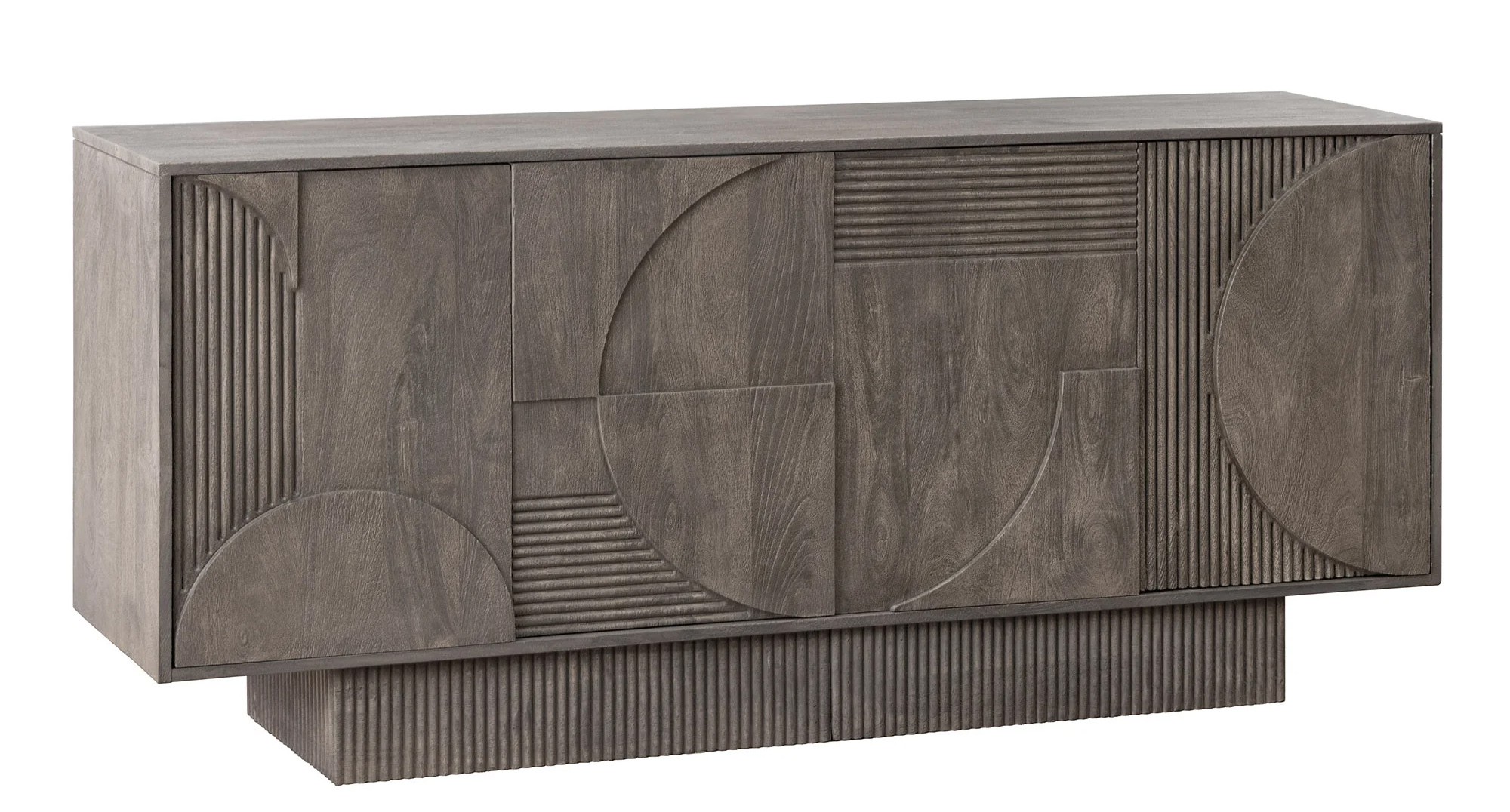 Estila Moderný art deco príborník Sonia so štyrmi dvierkami s geometrickým zdobením z masívneho mangového dreva v sivej farbe 170 cm