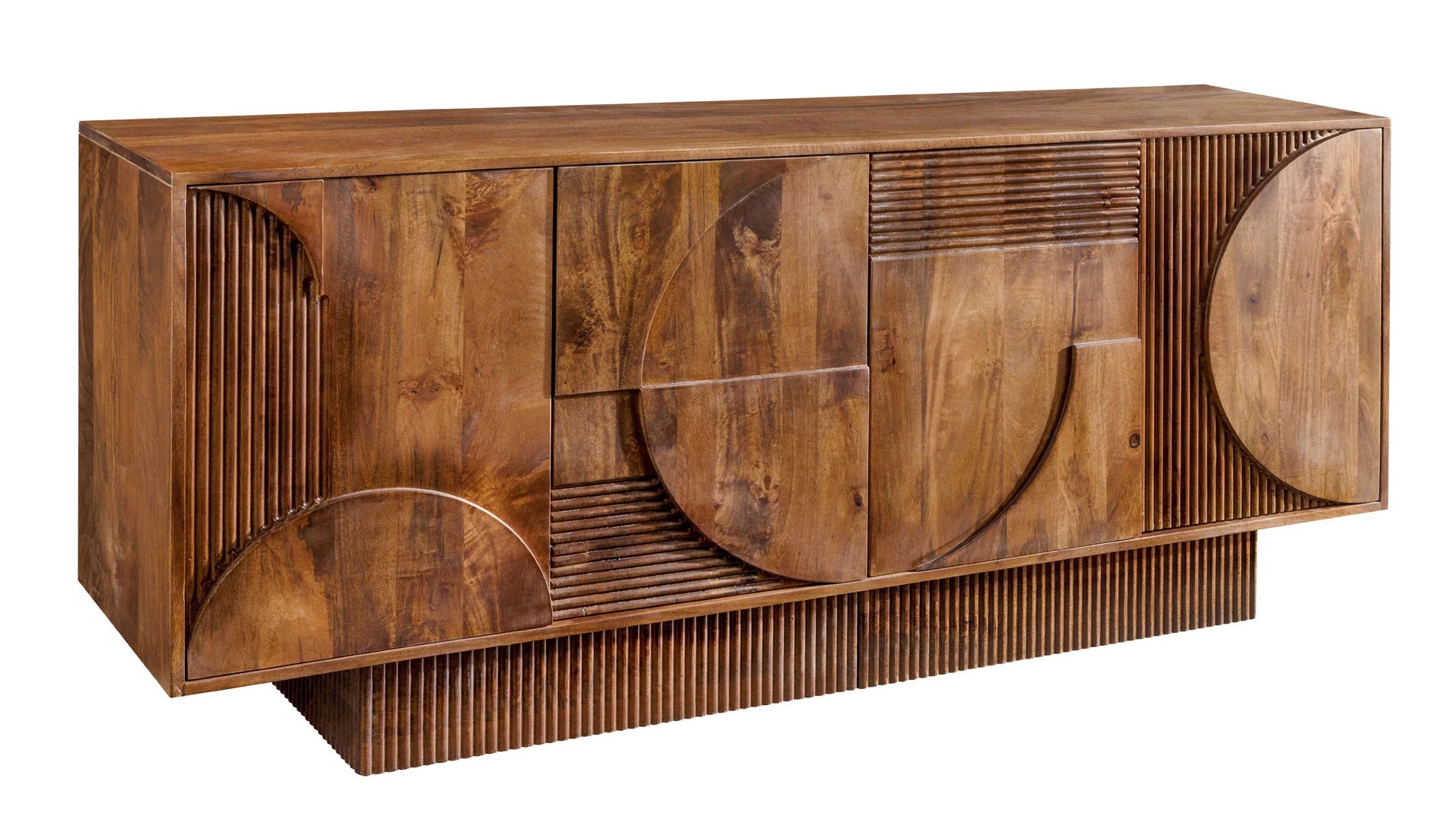 Estila Masívny art deco štvordverový príborník Sonia z mangového dreva v naturálnej hnedej farbe s geometrickým reliéfom 170 cm