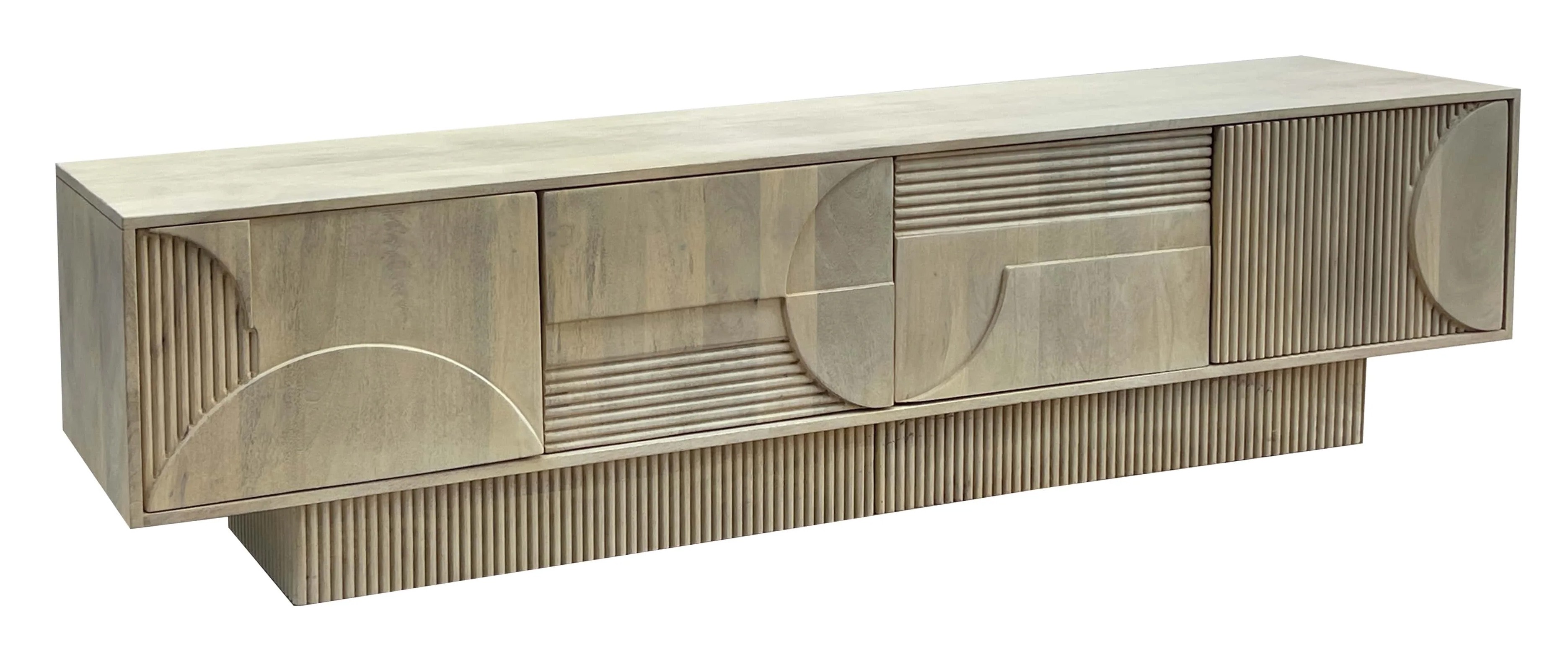 Estila Moderný art deco svetlý hnedý TV stolík Sonia so štyrmi dvierkami s geometrickým reliéfom z bieleného mangového dreva 200 cm