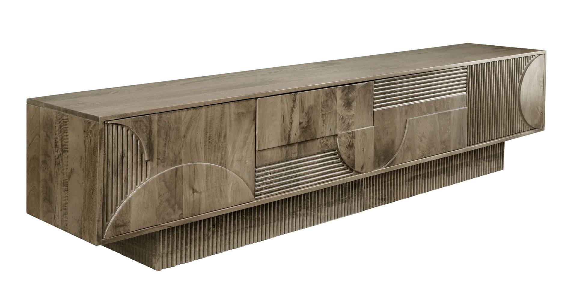 Estila Masívny art deco TV stolík Sonia so štyrmi dvierkami s geometrickým vyrezávaným zdobením v sivej farbe 200 cm