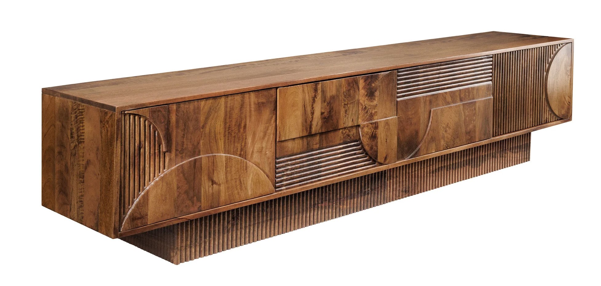 Estila Dizajnový art deco štvordverový TV stolík Sonia s geometrickým reliéfom z masívneho mangového dreva v hnedej farbe 200 cm