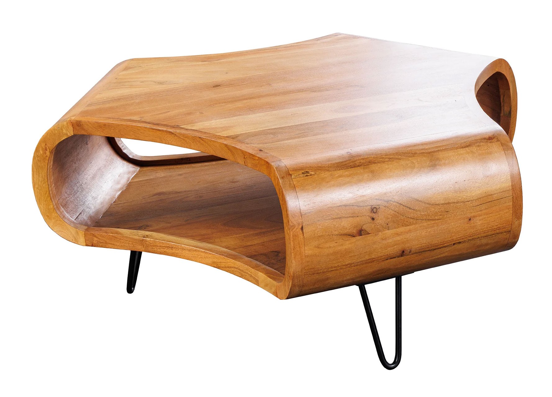 Estila Moderný dizajnový asymetrický konferenčný stolík Spin s poličkou z medovo hnedého akáciového dreva s čiernymi nožičkami 90 cm