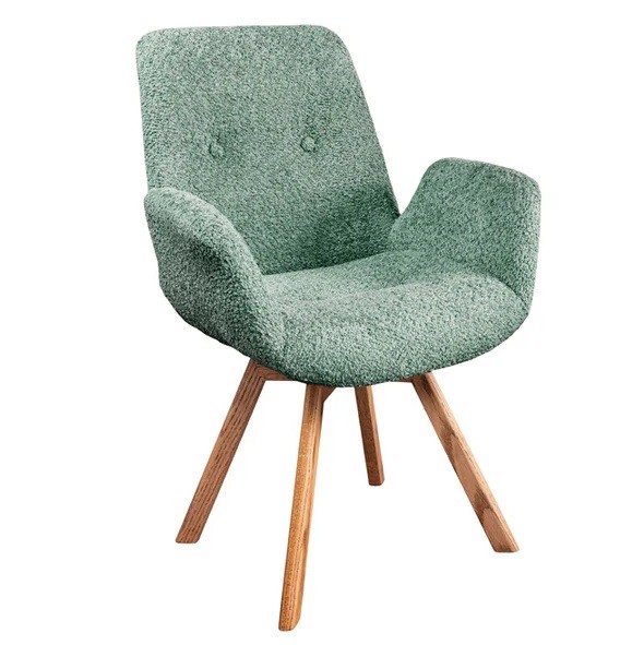 Estila Dizajnová zelená bouclé jedálenská stolička Loris s nízkymi bočnými opierkami a dubovými nožičkami 85 cm