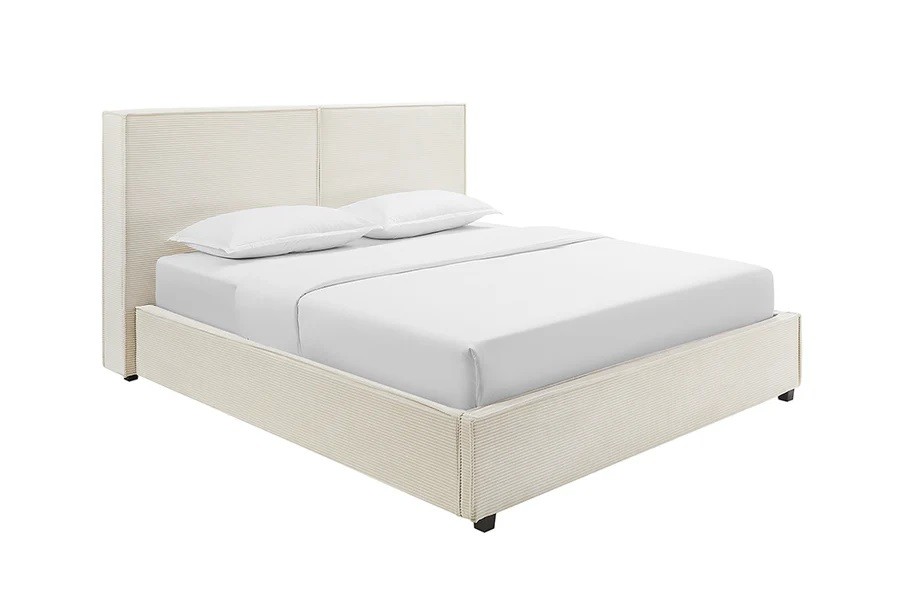 Estila Moderná škandinávska manželská posteľ Linnea s béžovým menčestrovým poťahom a úložným priestorom 205 cm