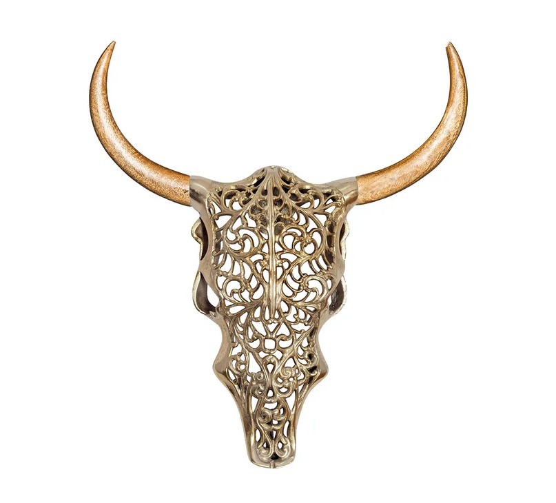 Estila Dizajnová moderná zlatá nástenná dekorácia Bull v tvare býčej lebky s ornamentálnym zdobením a hnedými drevenými rohmi 60 cm