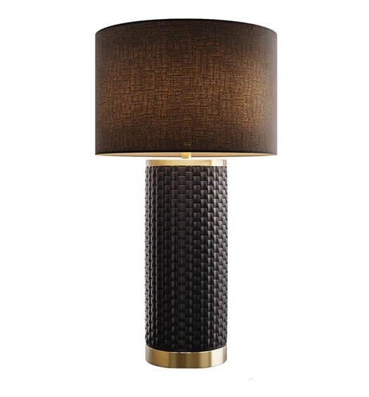 Estila Dizajnová art deco čierna stolná lampa Draconia s keramickou podstavou s reliéfnym štvorcovým vzorom a zlatými detailmi 70 cm