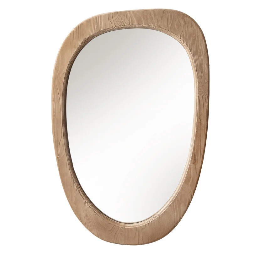 Estila Moderné dizajnové asymetrické nástenné zrkadlo Courbé organického tvaru so svetlým hnedým masívnym rámom 105 cm