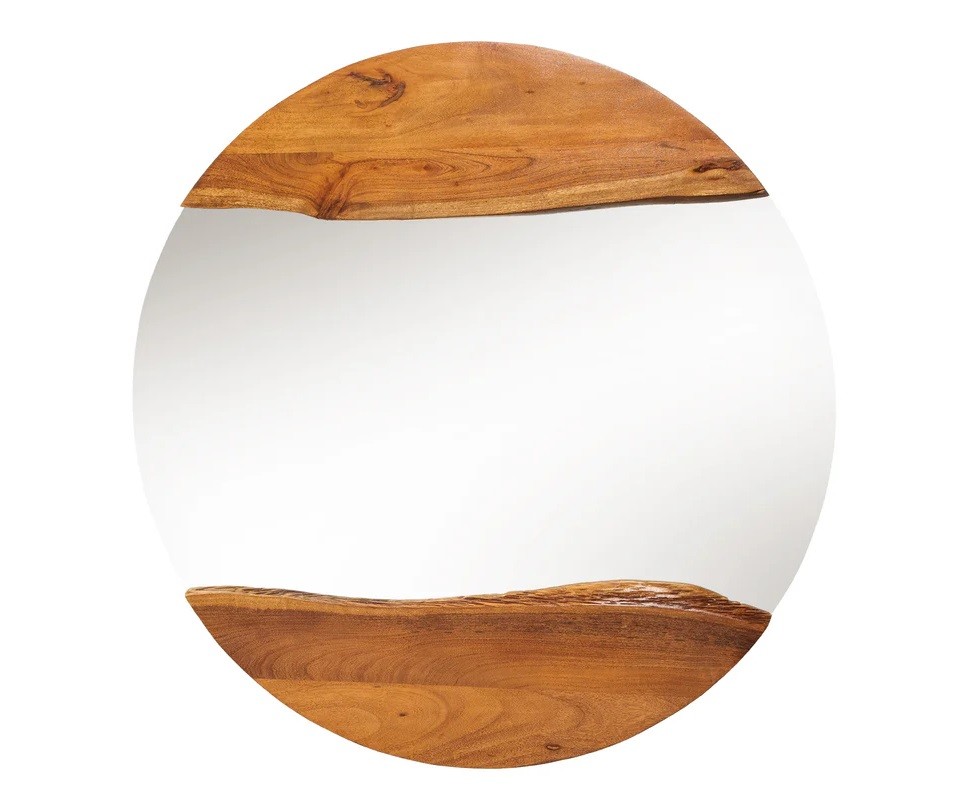 Estila Dizajnové masívne okrúhle nástenné zrkadlo Mammut s asymetrickým rámom z akáciového dreva v medovej hnedej farbe 100 cm
