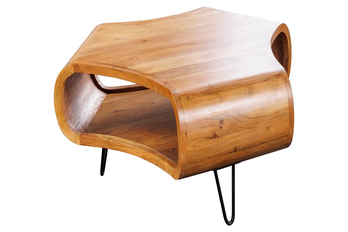 Estila Industriálny masívny atypický konferenčný stolík Spin z akáciového dreva v hnedej farbe s policou a čiernymi nožičkami 70 cm