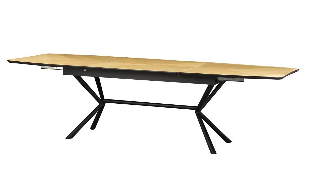 Estila Moderný rozkladací obdĺžnikový jedálenský stôl Arkline s dubovou hnedou doskou so šípkovým vzorom a čiernou podstavou 180-270 cm