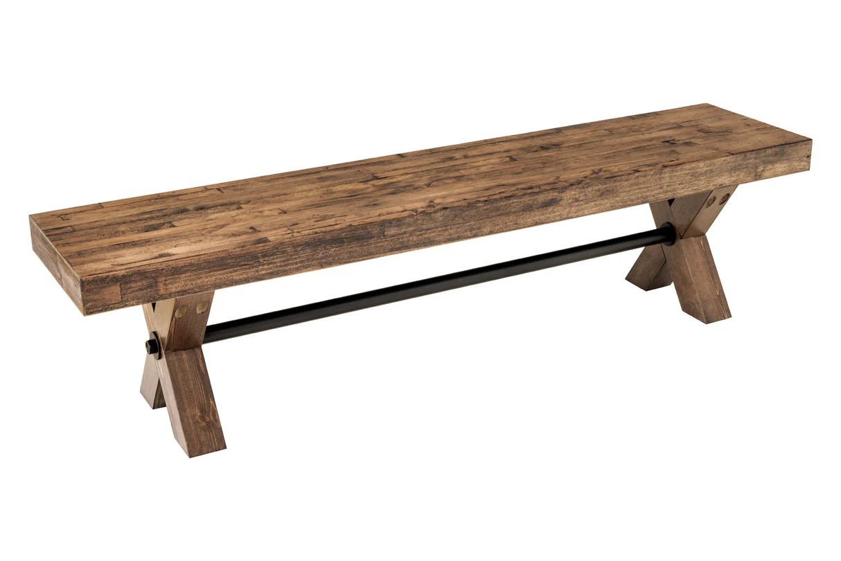 Estila Vidiecka masívna lavica Sawyer v hnedej farbe s tmavým patinovaným efektom a prekríženými nohami 180 cm