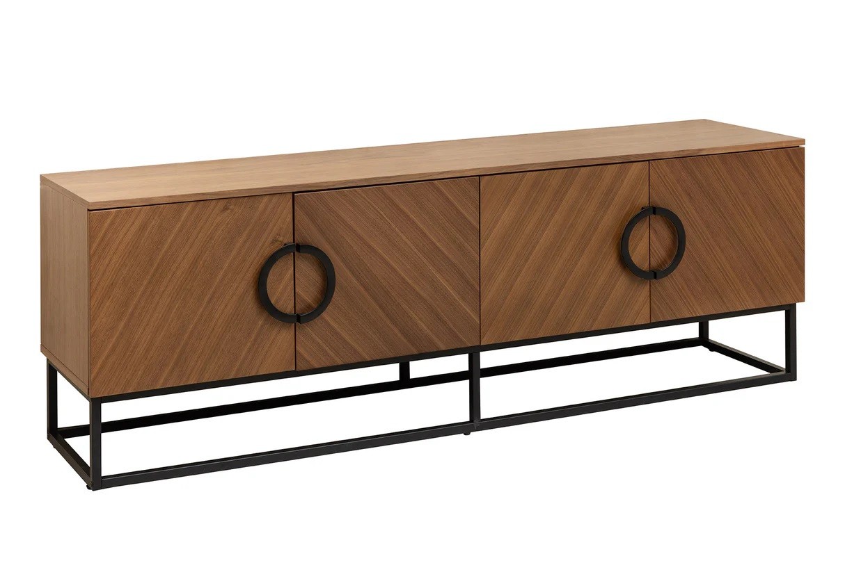 Estila Dizajnový art deco štvordverový TV stolík Arkline v svetlom hnedom orechovom prevedení s čiernymi kovovými detailmi 180 cm