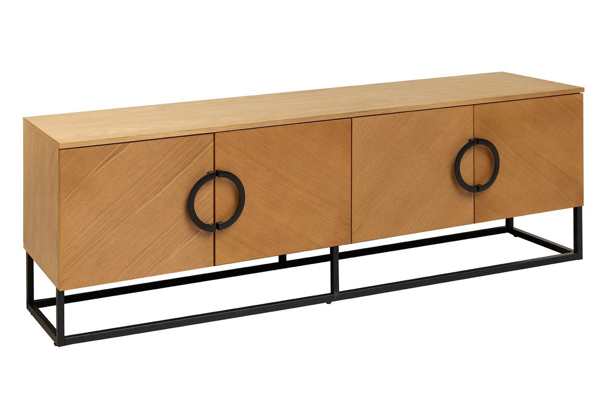 Estila Moderný art deco TV stolík Arkline v svetlom hnedom dubovom prevedení so štyrmi dvierkami s diagonálnym vzorom 180 cm