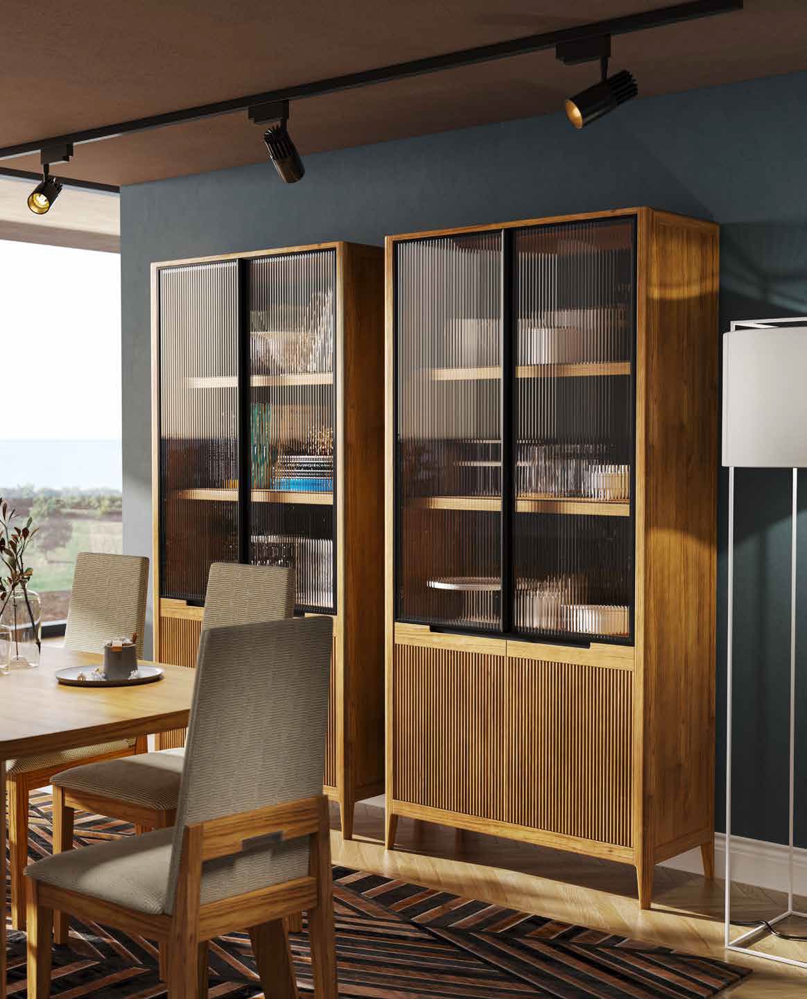 Estila Luxusná moderná obdĺžniková vitrína Tallin s vrúbkovaným sklom so štyrmi dvierkami 200 cm