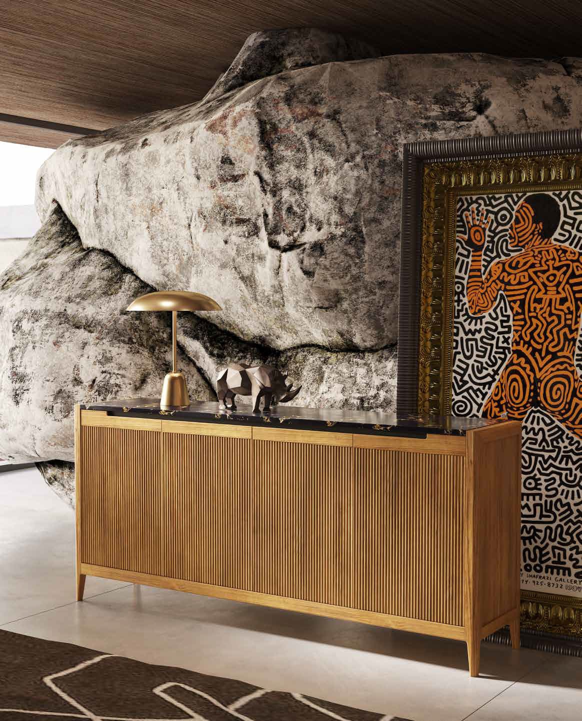 Estila Luxusný moderný obdĺžnikový príborník Tallin s vrúbkovanými dvomi dvierkami a mramorovou doskou 190 cm