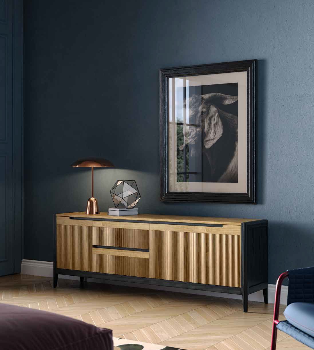 Estila Luxusný moderný TV stolík Tallin s vrúbkovaným čelom s dvomi zásuvkami a tromi dvierkami 190 cm