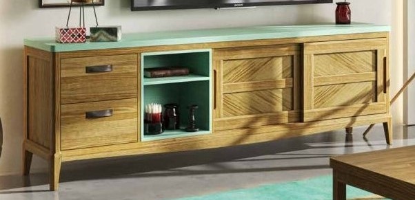 Estila Luxusný vidiecky obdĺžnikový TV stolík Quebec s dvomi posuvnými dvierkami a dvomi farbami s dvomi policami 200 cm