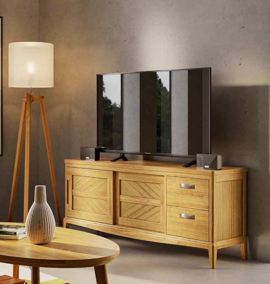 Estila Luxusný vidiecky obdĺžnikový televízny TV stolík Quebec s dvomi posuvnými dvierkami a dvomi zásuvkami 164 cm