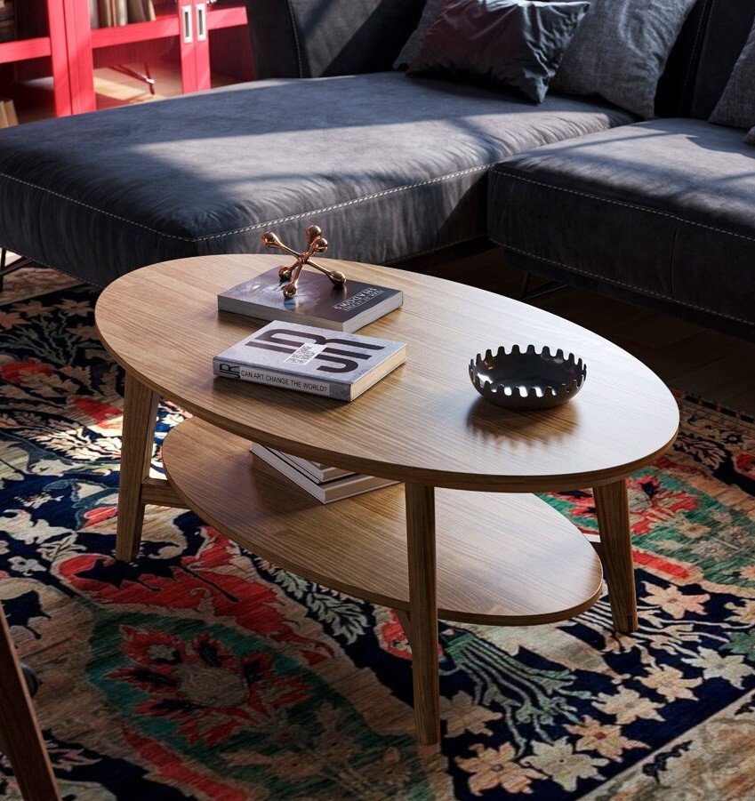 Estila Luxusný oválny masívny konferenčný stolík Quebec s policou 115 cm