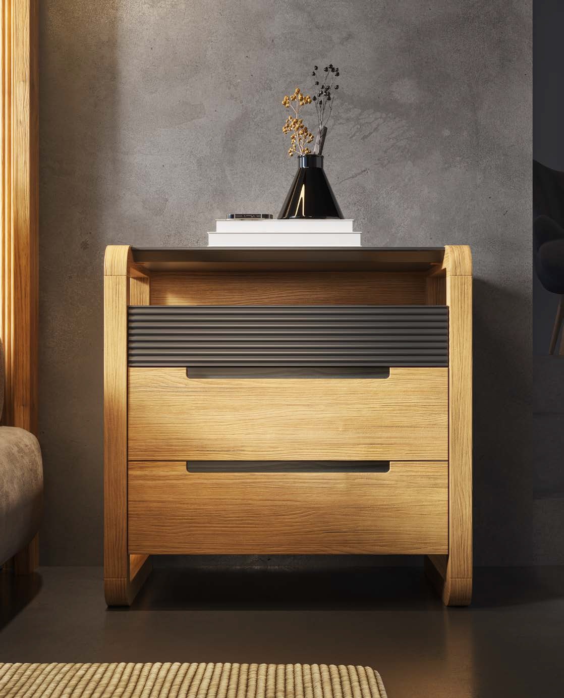 Estila Luxusný art deco obdĺžnikový nočný stolík Berna s dvomi zásuvkami a mramorovou doskou s vrúbkovaným panelom 65 cm