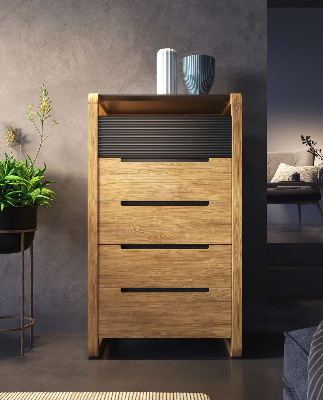 Estila Luxusná moderná obdĺžniková komoda Berna s piatimi zásuvkami a mramorovou doskou s vrúbkovaným povrchom 122 cm