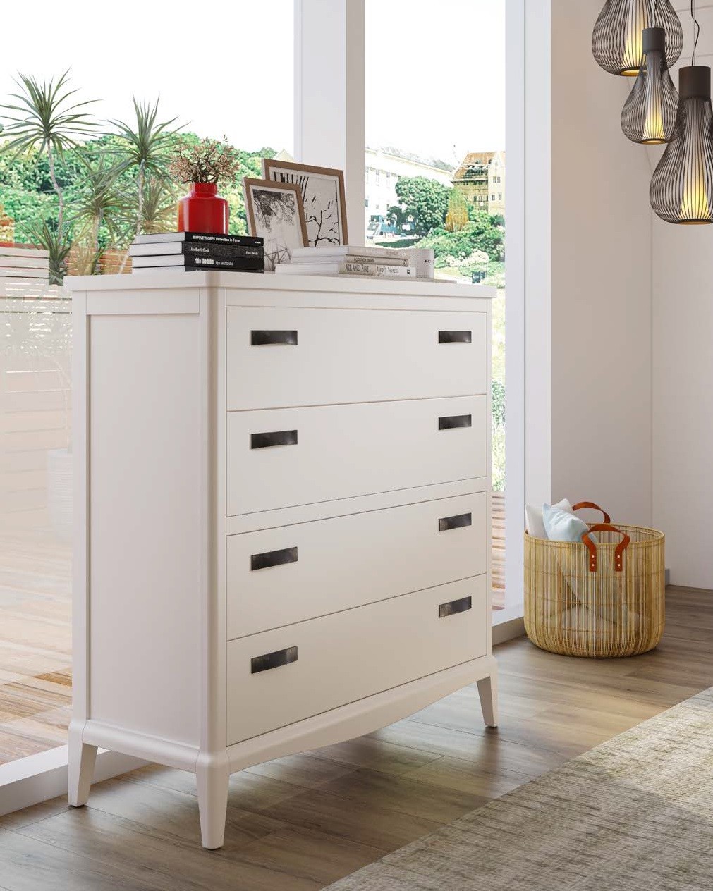 Estila Luxusná vidiecka obdĺžniková masívna komoda Quebec so štyrmi zásuvkami a vyrezávanými nohami 101 cm