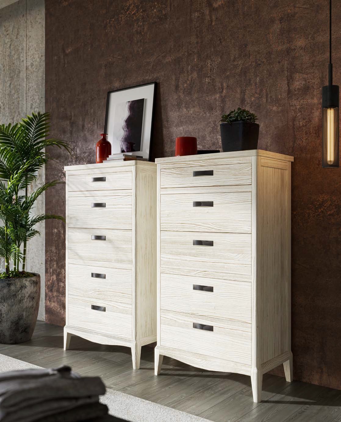 Estila Luxusná vidiecka obdĺžniková masívna vysoká komoda Quebec s piatimi zásuvkami a vyrezávanými nohami 131 cm