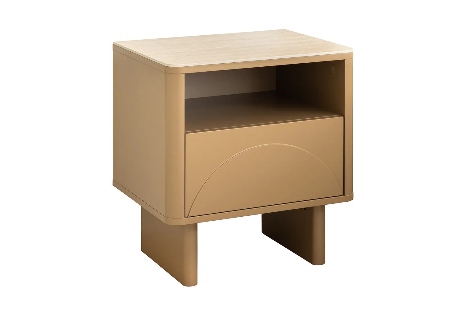 Estila Dizajnový moderný hnedý nočný stolík Savonia s policou a zásuvkou s geometrickým reliéfom s travertínovou doskou 50 cm