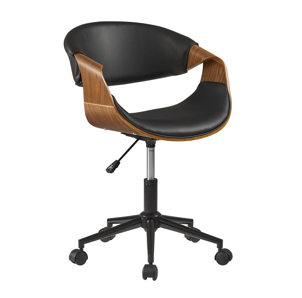 Estila Retro otočné výškovo nastaviteľné pracovné kreslo Norwich s koženým čiernym poťahom a dreveným detailom 83 cm