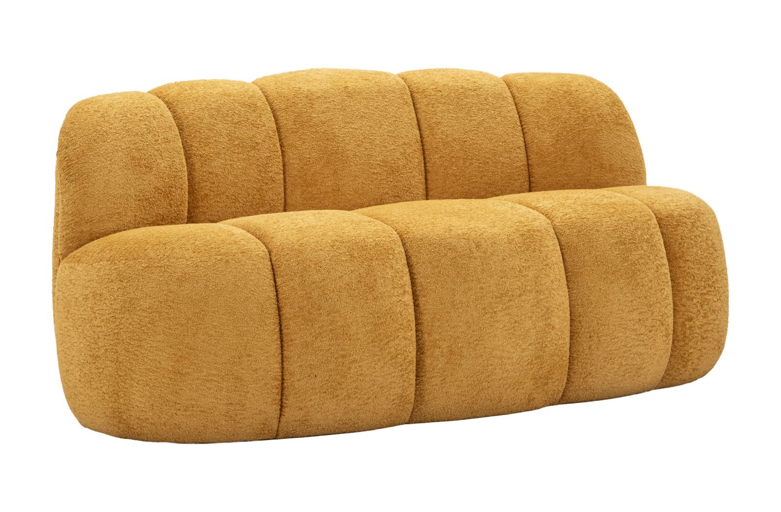 Estila Dizajnová moderná dvojmiestna sedačka Berry so žltým plyšovým poťahom a zaobleným cloud tvarom rozdeleným na päť častí 145 cm
