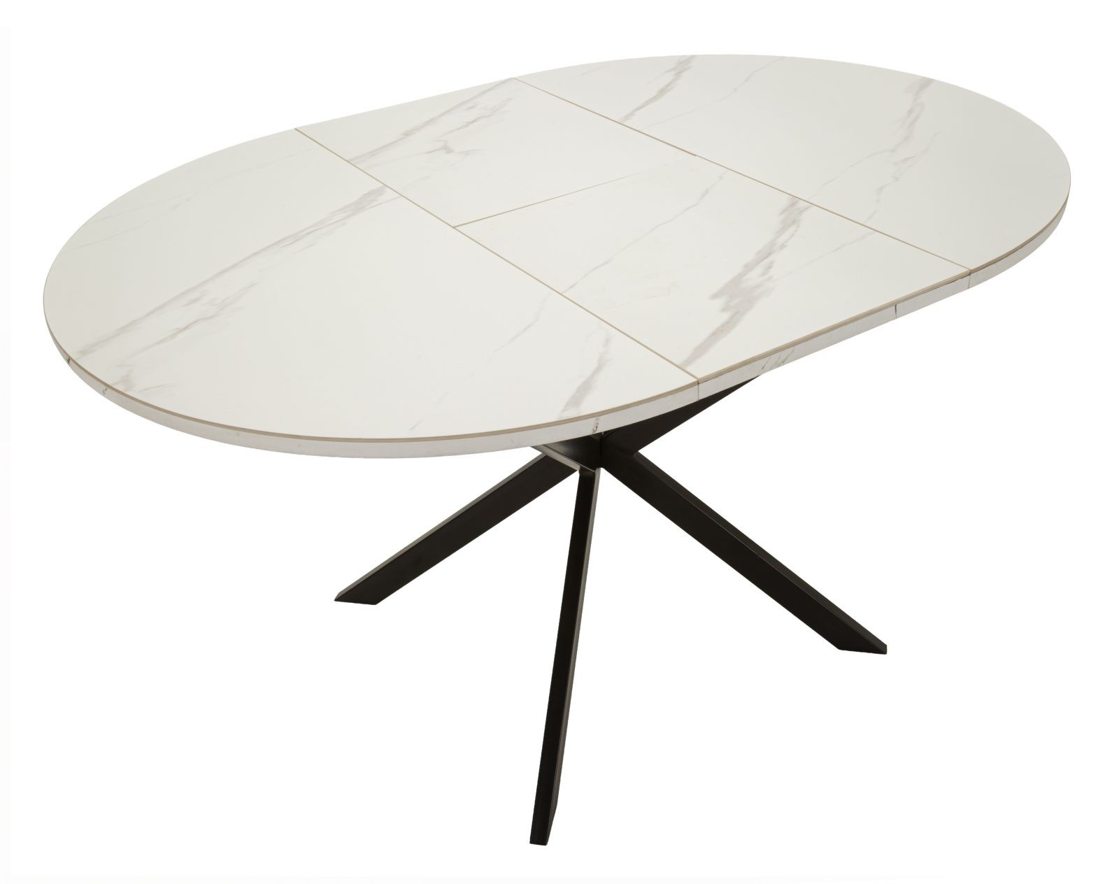 Estila Moderný mramorový okrúhly rozkladací jedálenský stôl Tarro s bielou doskou so sivou kresbou a čiernou podstavou 100-140 cm
