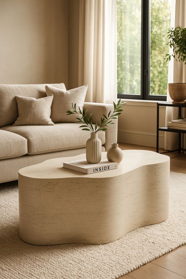 Estila Dizajnový moderný konferenčný stolík Nuvo organického zaobleného tvaru v sivom kameninovom prevedení 92 cm