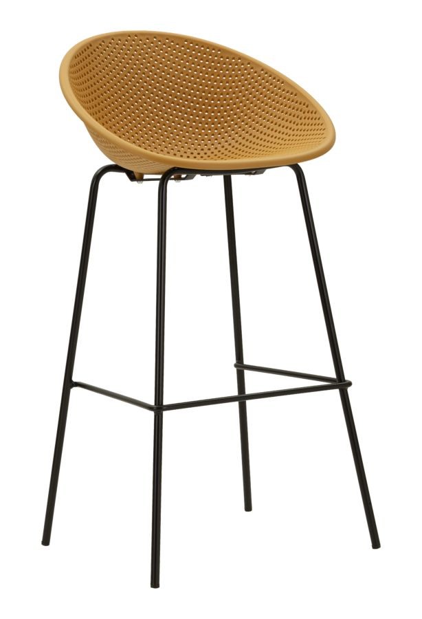 Estila Moderná žltá barová stolička Isola s kompaktnou okrúhlou sedacou časťou s perforovaným dizajnom a čiernymi nohami 98 cm