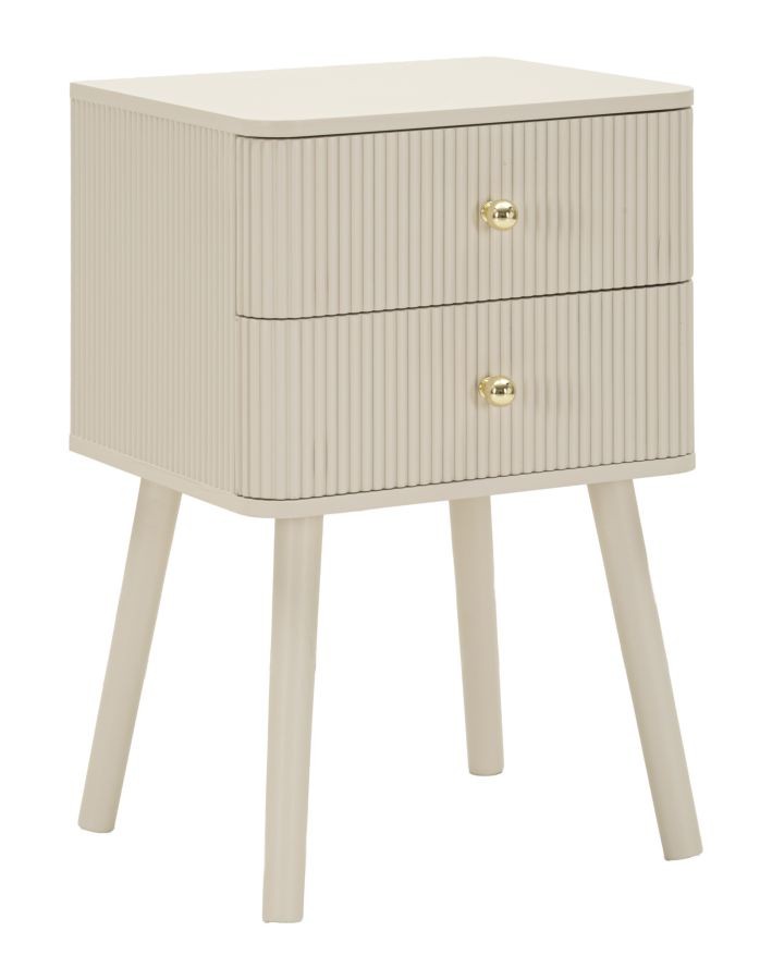 Estila Dizajnový art deco nočný stolík Shelly s dvomi zásuvkami s drážkovaním a šikmými nohami v béžovej farbe 59 cm