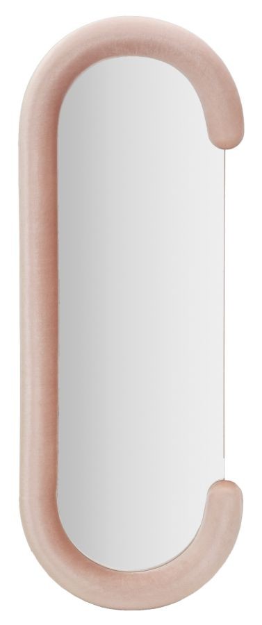 Estila Moderné dizajnové nástenné oválne zrkadlo Roza so zamatovým rámom v tvare C v svetlej ružovej farbe 160 cm