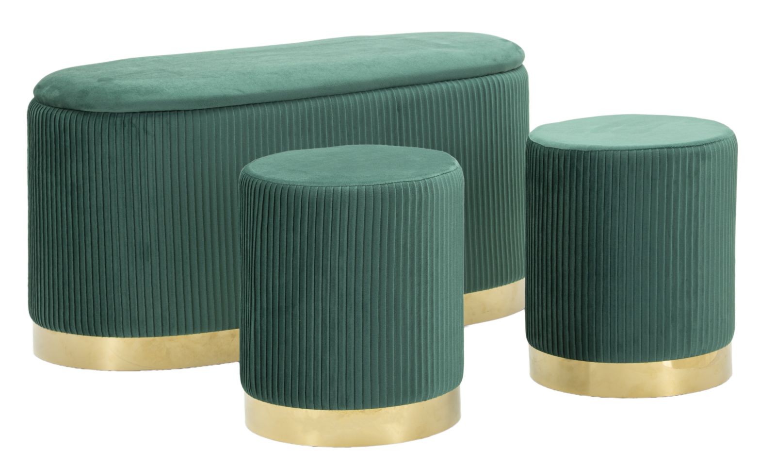Estila Dizajnová art deco sada Ponzi z dvoch taburetiek a oválnej lavice s úložným priestorom so zeleným čalúnením 80 cm