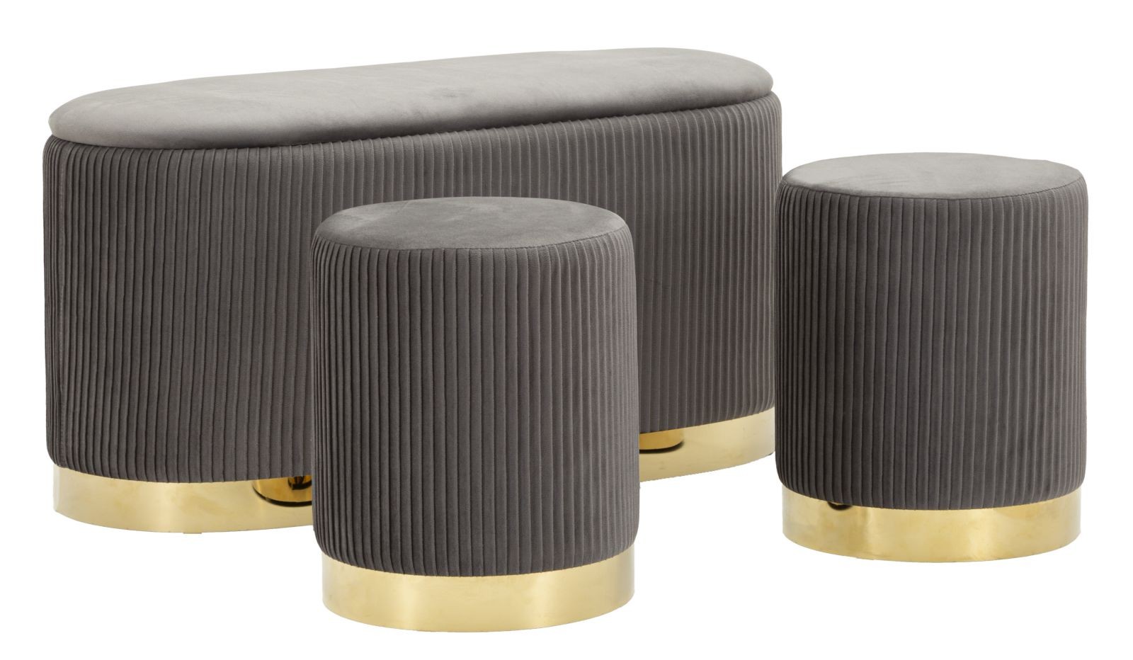 Estila Dizajnová art deco sada taburetiek a lavice Ponzi so sivým zamatovým poťahom a zlatou podstavou s úložným priestorom 80 cm
