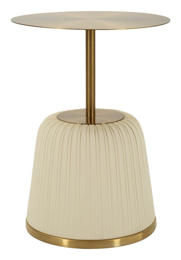 Estila Dizajnový glamour okrúhly príručný stolík Giselle z kovu v zlatej farbe s čalúnenou béžovou koženou podstavou 40 cm