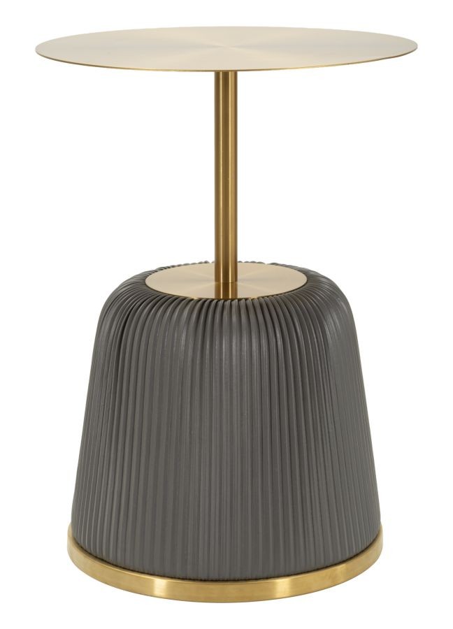 Estila Dizajnový glamour zlatý príručný stolík Giselle s okrúhlou vrchnou doskou a podstavou s čalúnením zo sivej ekokože 40 cm