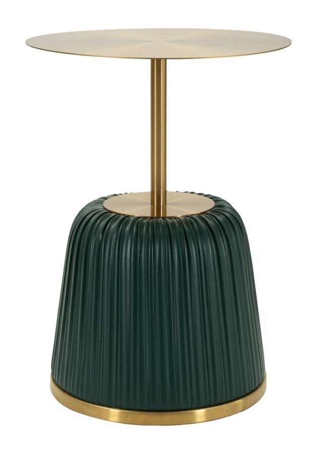 Estila Art deco zlatý okrúhly príručný stolík Giselle s podstavou s tmavým zeleným koženým poťahom so skladaným dizajnom 40 cm