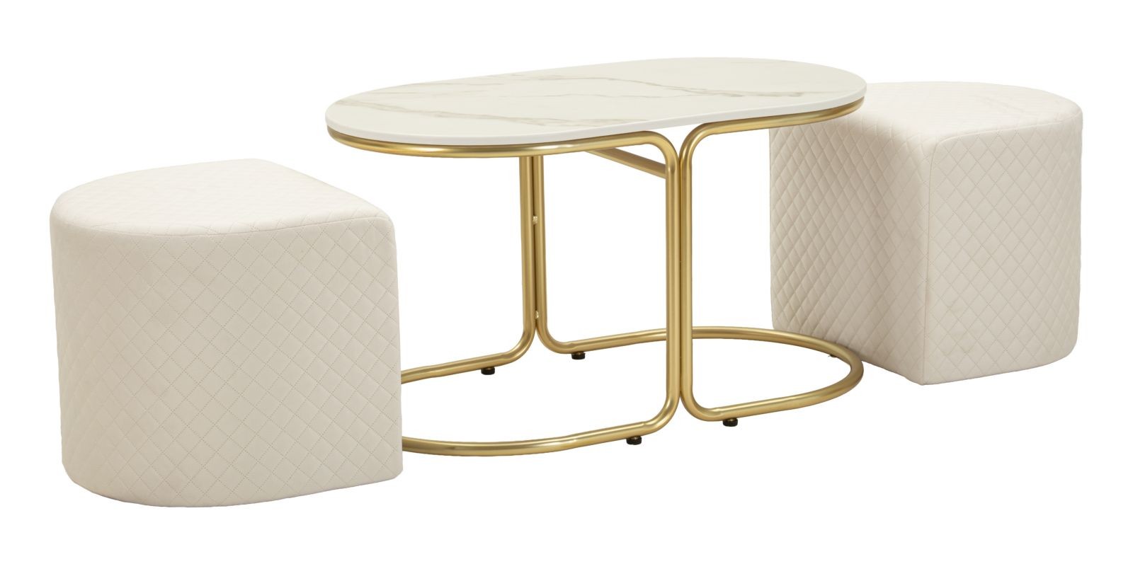 Estila Glamour sada mramorového konferenčného stolíka a dvoch taburetiek Glamia Tapisé s béžovým poťahom a zlatou konštrukciou 79 cm