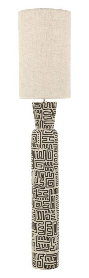 Estila Moderná okrúhla stojaca lampa Terezja v béžovej farbe s čiernymi geometrickými líniami s textilným tienidlom 145 cm