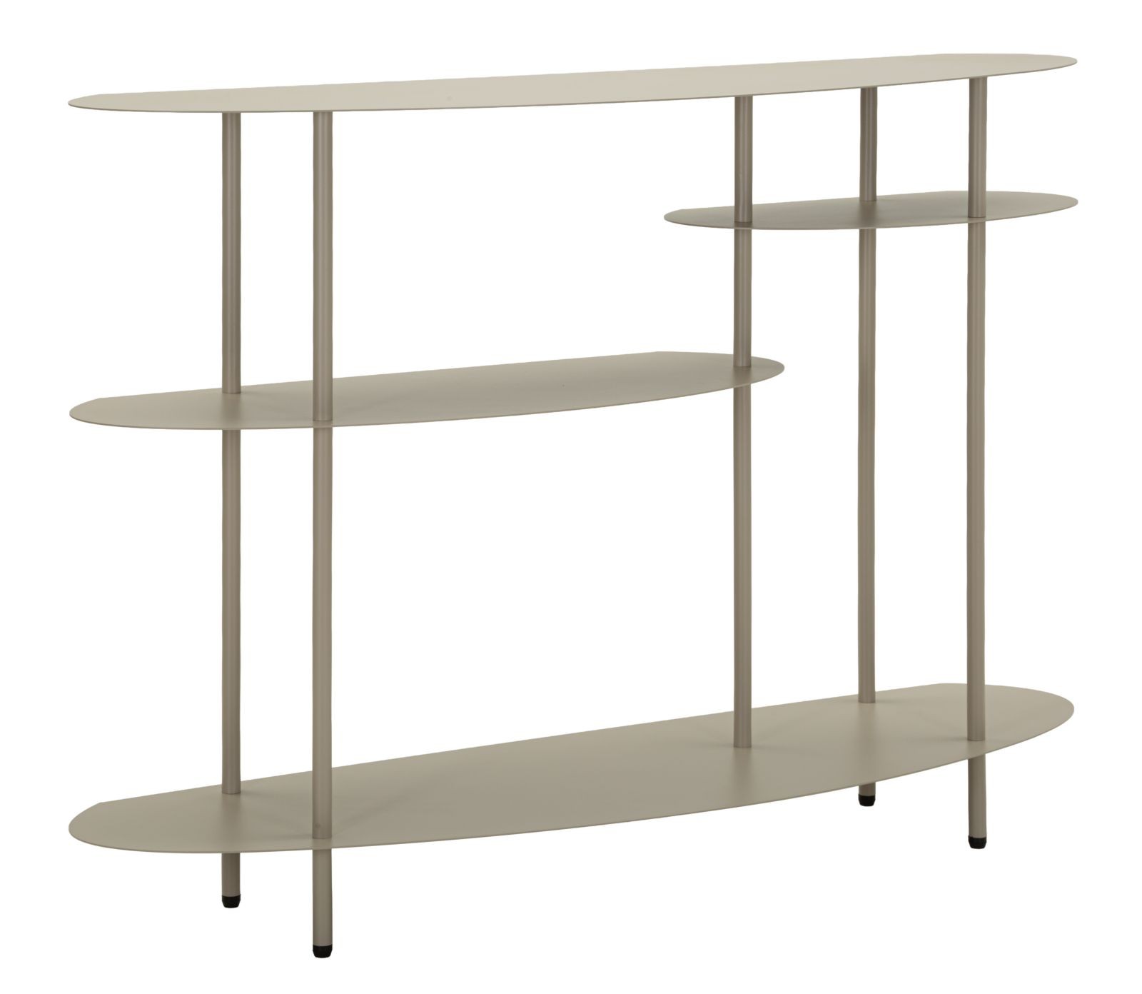 Estila Moderný kovový konzolový stolík Satre v béžovej farbe s oválnou vrchnou doskou a tromi asymetricky umiestnenými policami 118 cm