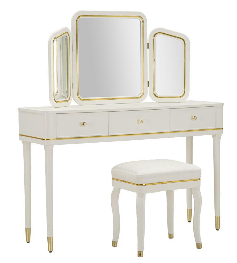Estila Klasický obdĺžnikový toaletný stolík Isabelle s taburetkou v bielej farbe s kovovými detailmi a tromi zrkadlami 135 cm
