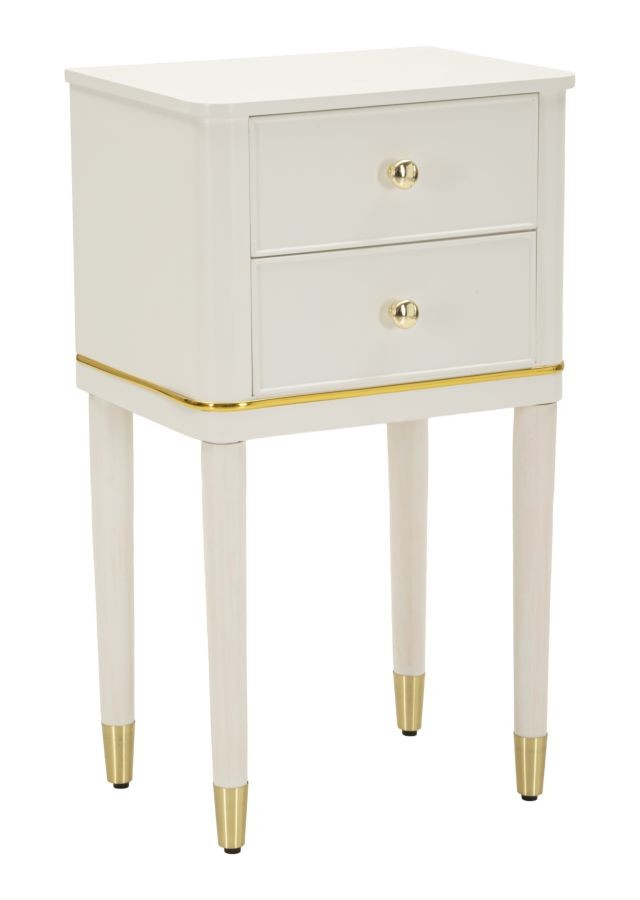 Estila Klasický biely drevený nočný stolík Isabelle s dvomi zásuvkami so zlatými kovovými detailmi 60 cm