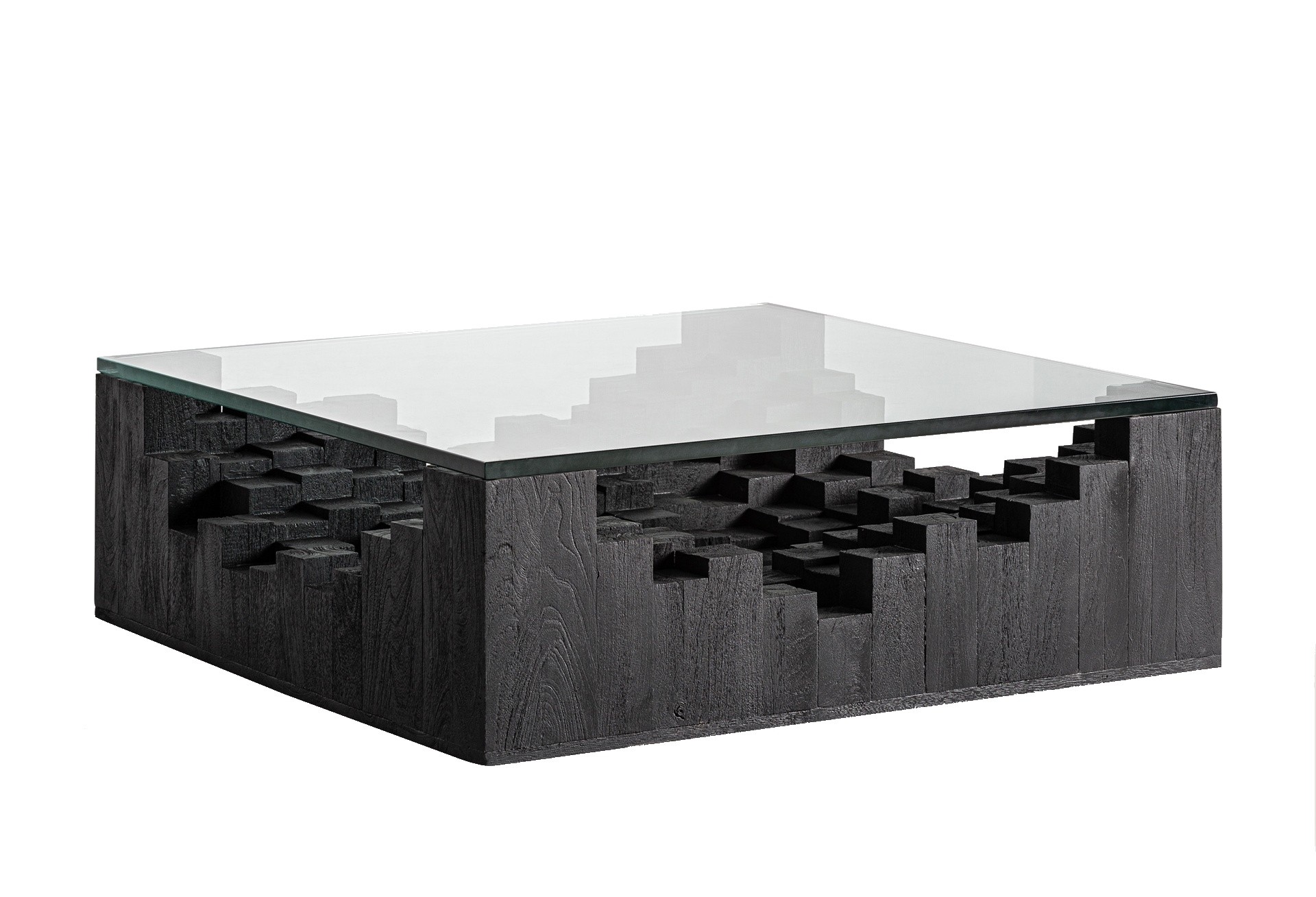 Estila Luxusný art deco masívny štvorcový konferenčný stolík Cubia Nera z mangového čierneho dreva so sklenenou doskou 98 cm